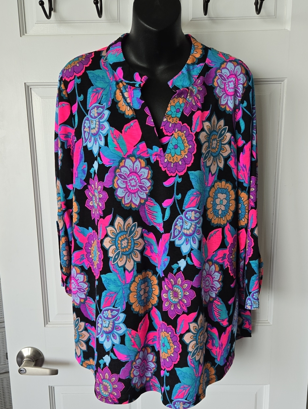 DEAR SCARLETT Black Floral Split-Neck Tunic with Pink, Teal & Purple